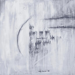 Acrylic on canvas. 80x80cm. Text reads: “lies, there is no voice for someone like me. My color speaks before I do”